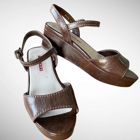 PRADA BROWN WEDGE SANDALS SIZE 37 - Picture 3 of 16